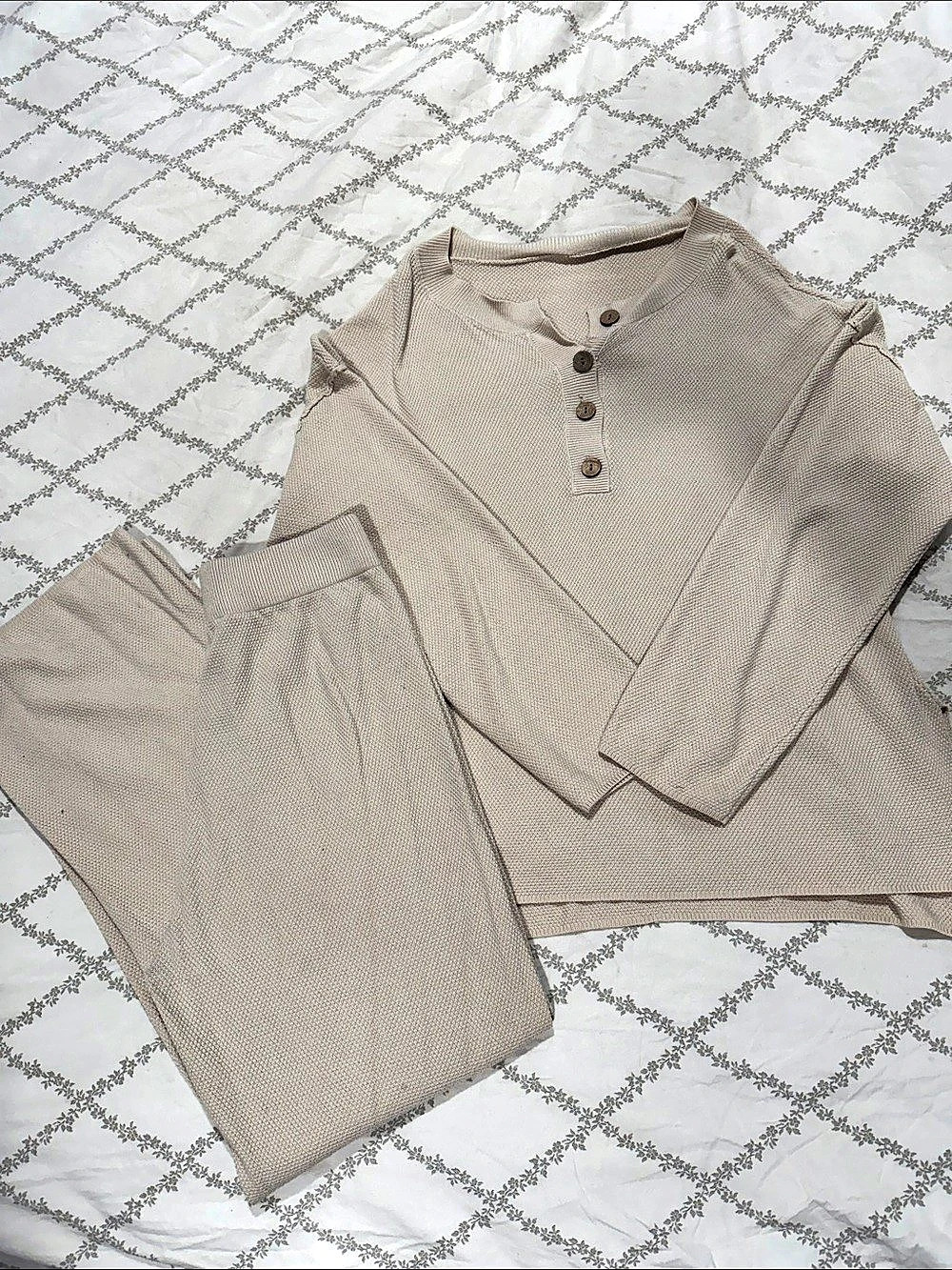 Beige Matching Top & Straight-Leg Pants Set